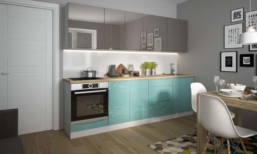 Napoli magasfényű zöld-grey elemes konyhabútor kontrasztos modern stílusban