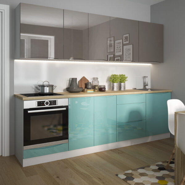 Napoli magasfényű zöld-grey elemes konyhabútor kontrasztos modern stílusban