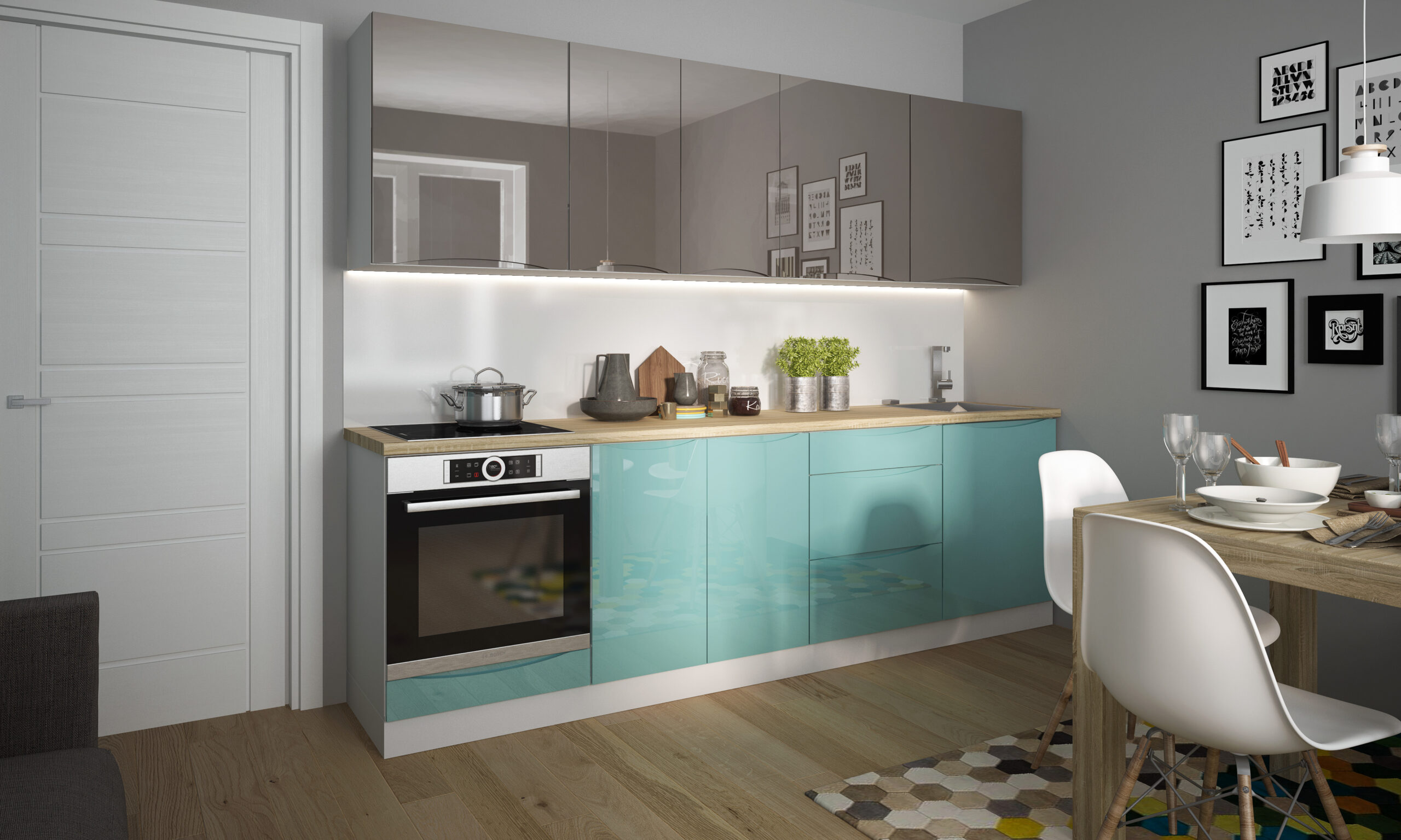 Napoli magasfényű zöld-grey elemes konyhabútor kontrasztos modern stílusban