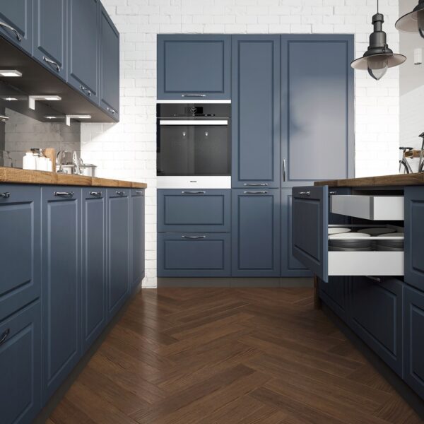 PESCARA kék elemes konyhabútor konyhaszigettel és fa munkalappal