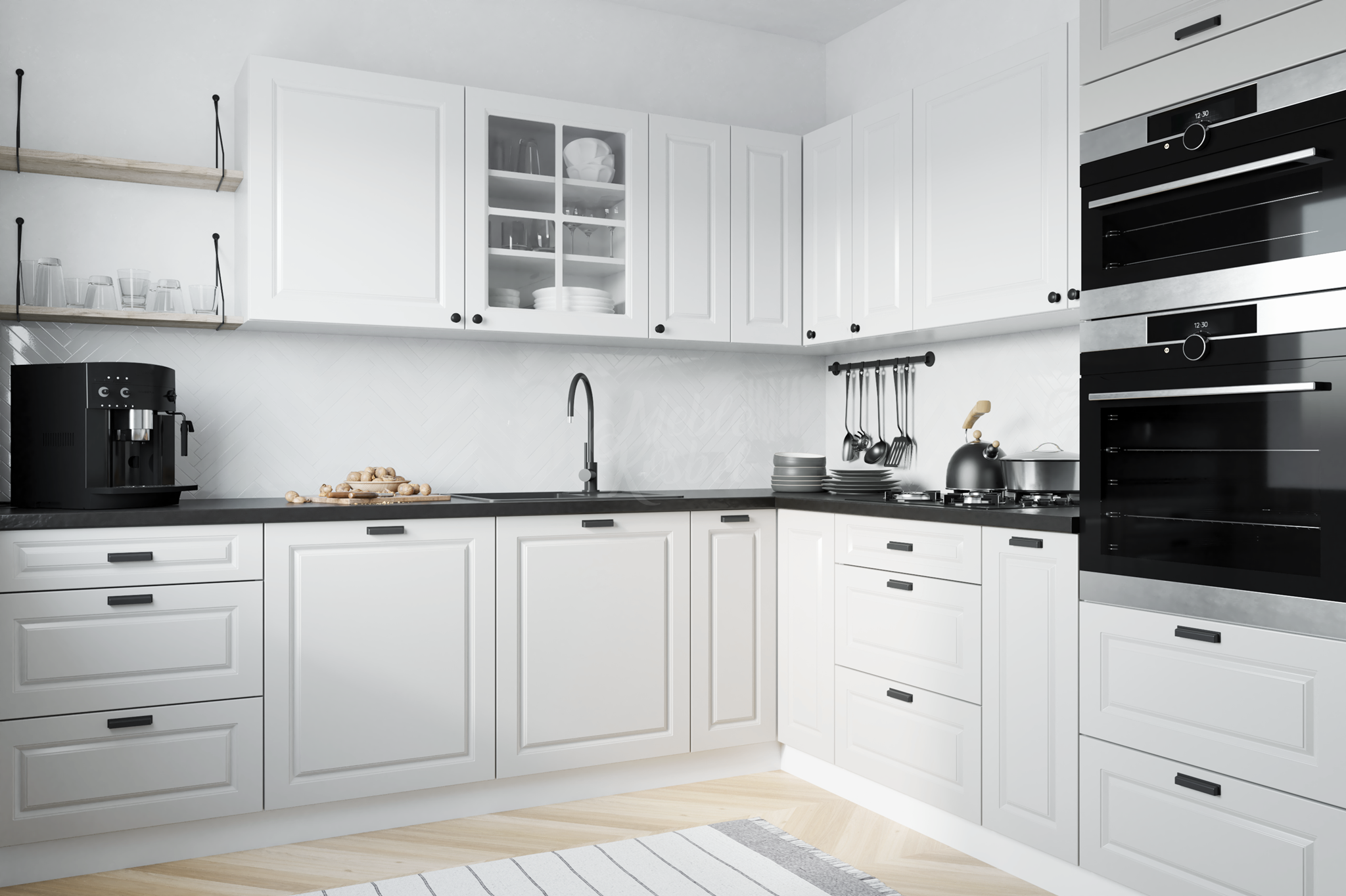 PESCARA fehér U alakú konyhabútor szigettel és beépített gépekkel