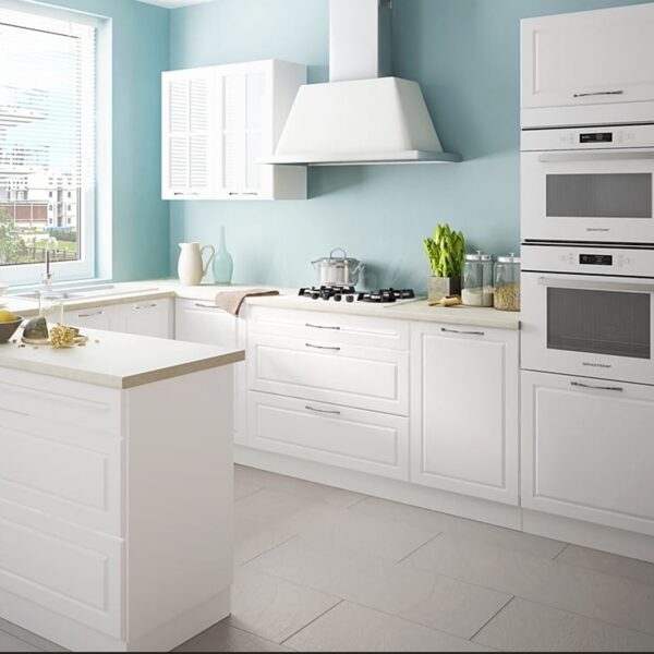 PESCARA fehér U alakú konyhabútor szigettel és beépített gépekkel