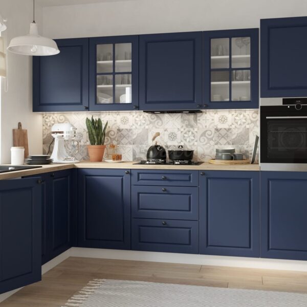 PESCARA kék L alakú sarok konyhabútor üveges felső elemekkel