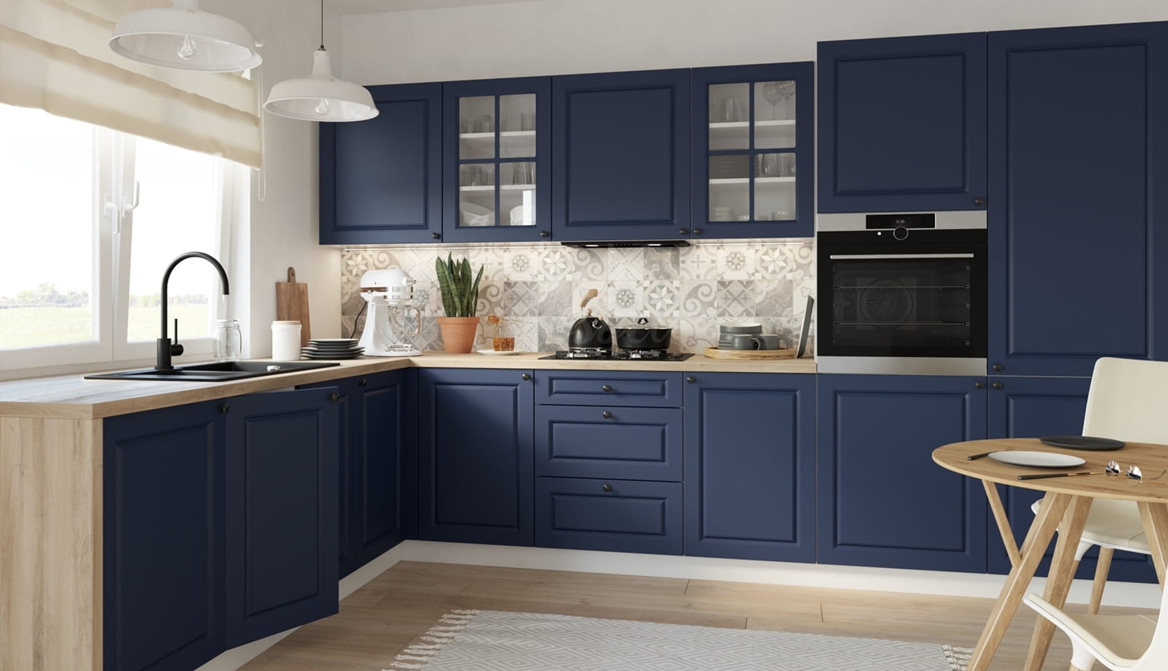 PESCARA kék L alakú sarok konyhabútor üveges felső elemekkel