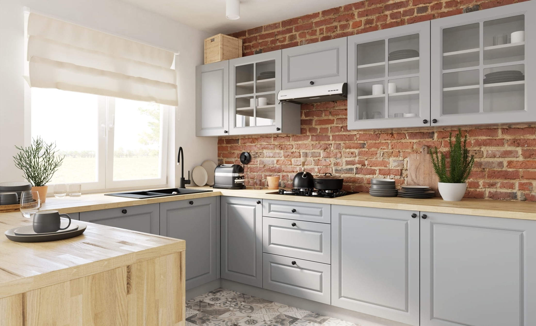 PESCARA szürke sarok konyhabútor téglafal háttérrel és üveges vitrinekkel