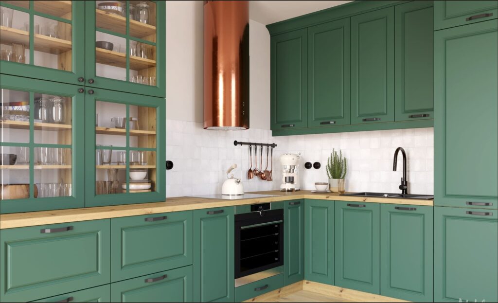 PESCARA zöld sarok konyhabútor vitrines üveges szekrénnyel