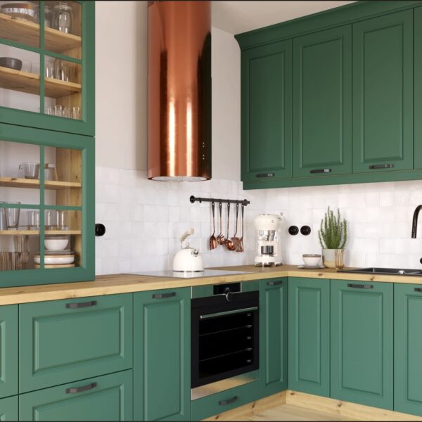 PESCARA zöld sarok konyhabútor vitrines üveges szekrénnyel