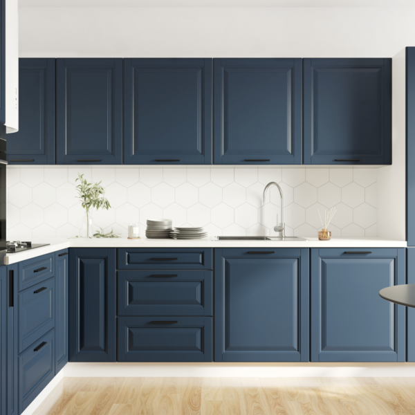 PRATO kék sarok konyhabútor fehér munkalappal, csempe hátfallal és beépített sütővel