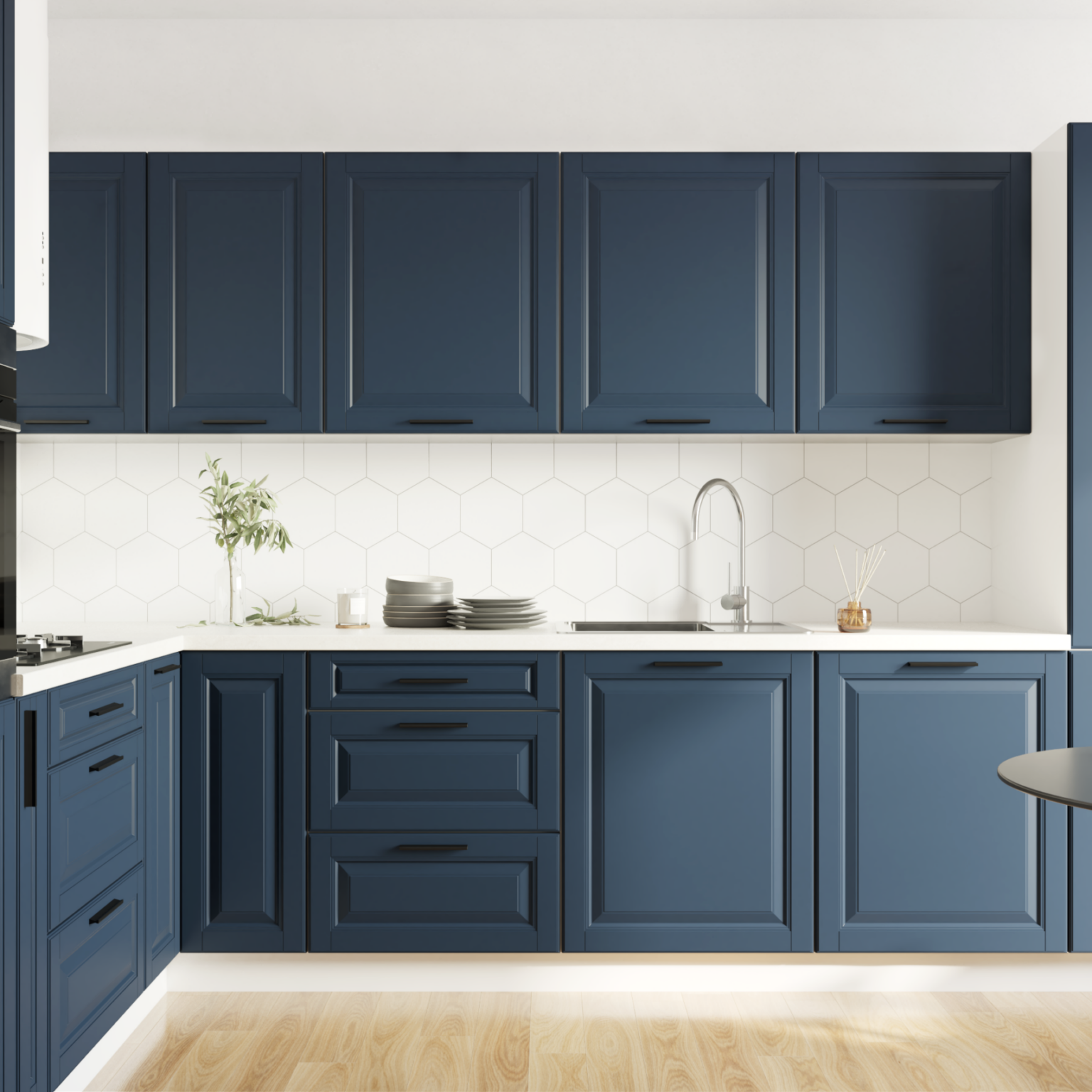 PRATO kék sarok konyhabútor fehér munkalappal, csempe hátfallal és beépített sütővel