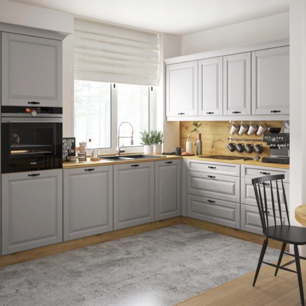 PRATO szürke sarok konyhabútor fa munkalappal, étkező résszel és fehér felső elemekkel