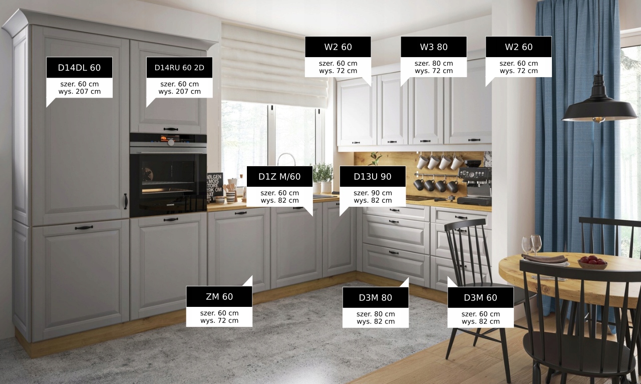 PRATO szürke sarokkonyha elemlista és méretezés - modulok jelölése