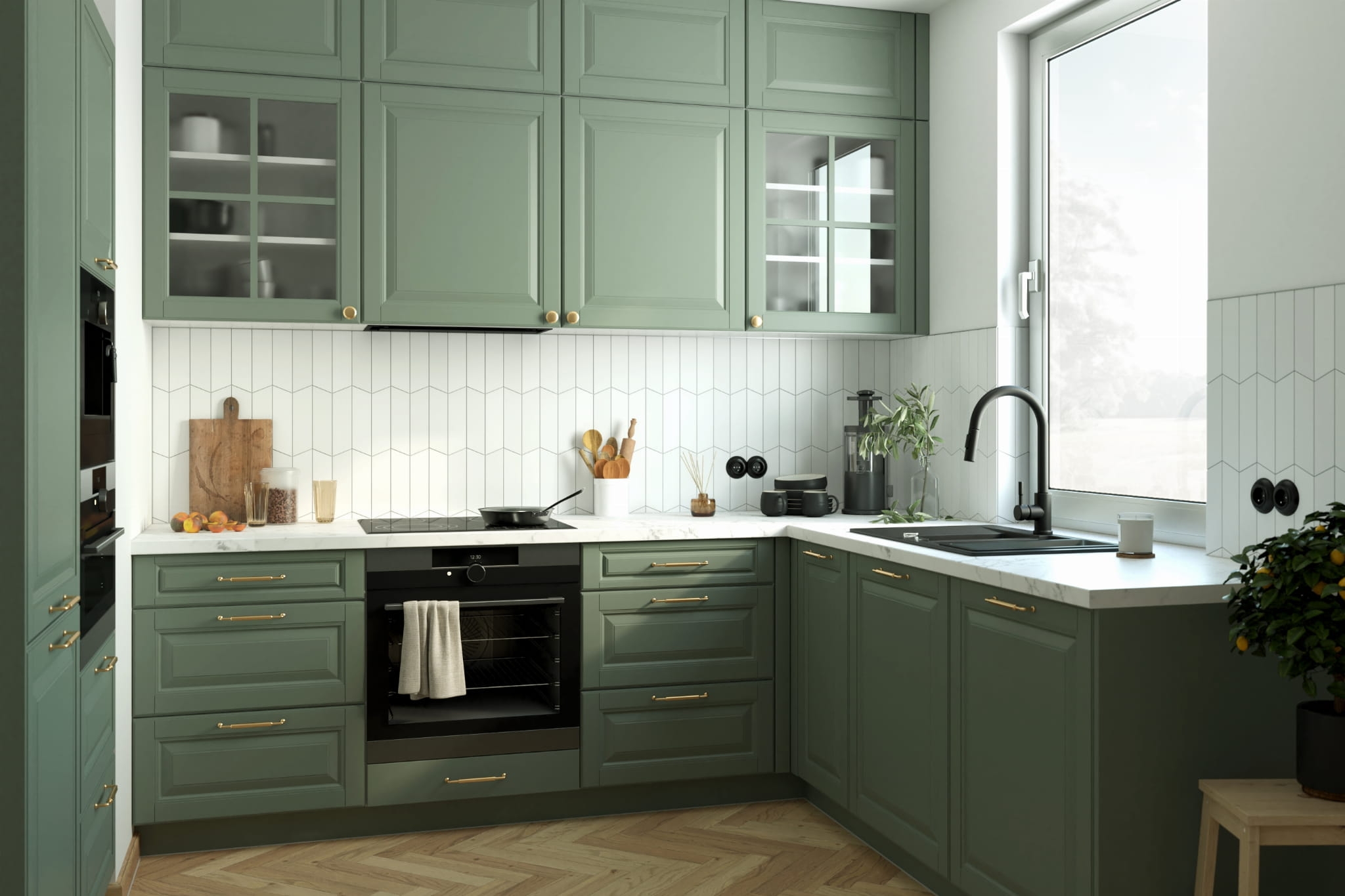 PRATO zöld sarok konyhabútor fehér márványhatású munkalappal és arany fogantyúkkal