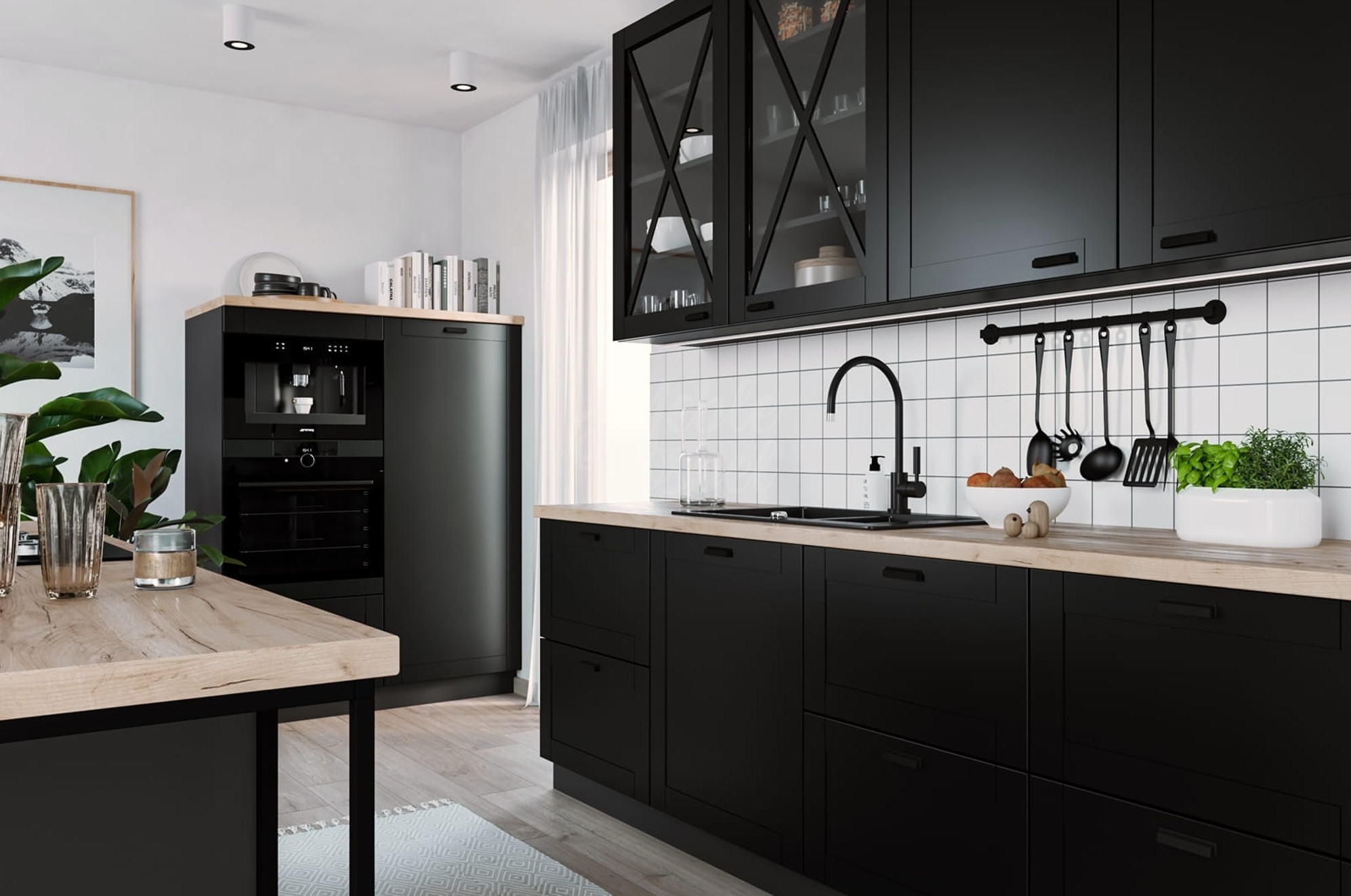 TIVOLI konyhabútor fekete fronttal - modern összeállítás fa munkalappal