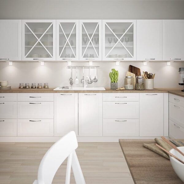 TIVOLI sarok konyhabútor fehér üveges felső elemekkel és beépített sütőtoronnyal