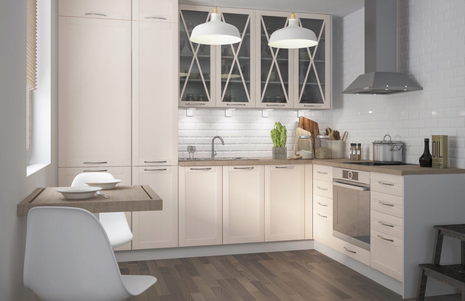 TIVOLI sarok konyhabútor krém fronttal - üveges felső szekrényekkel