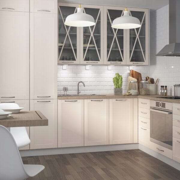 TIVOLI sarok konyhabútor krém fronttal - üveges felső szekrényekkel