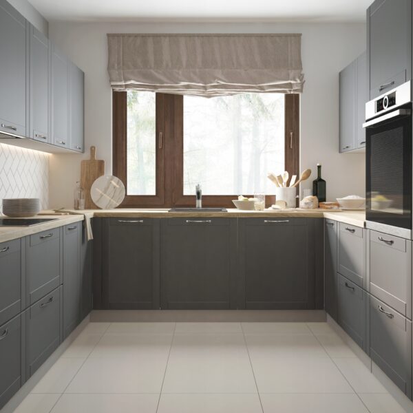 TIVOLI sarok konyhabútor szürke fronttal - U alakú összeállítás ablak alatt