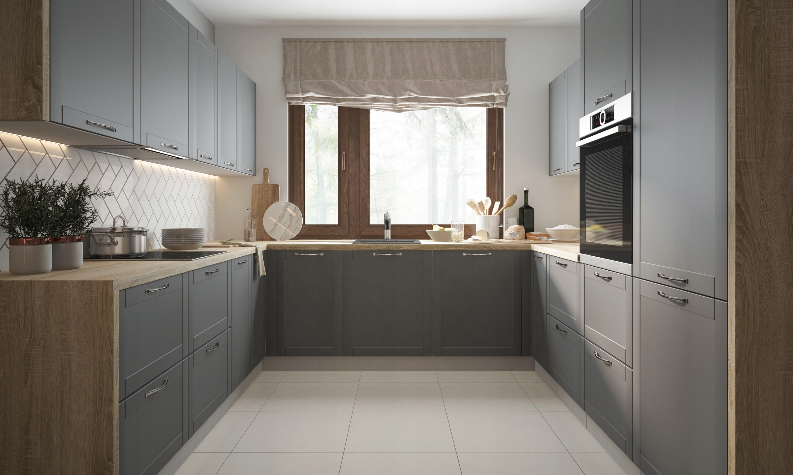 TIVOLI sarok konyhabútor szürke fronttal - U alakú összeállítás ablak alatt