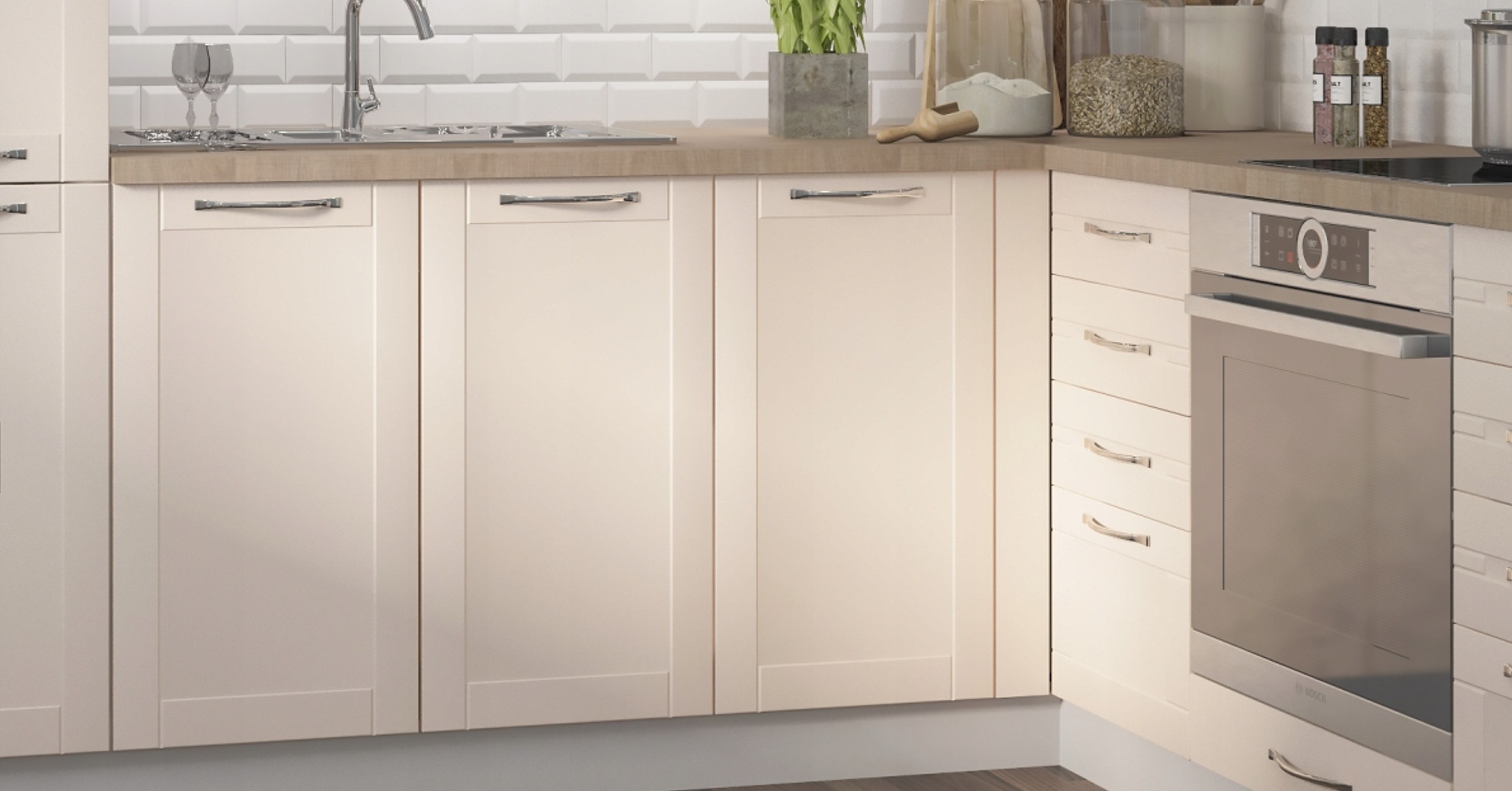 TIVOLI konyhabútor krém - alsó szekrények és beépített sütő közelről