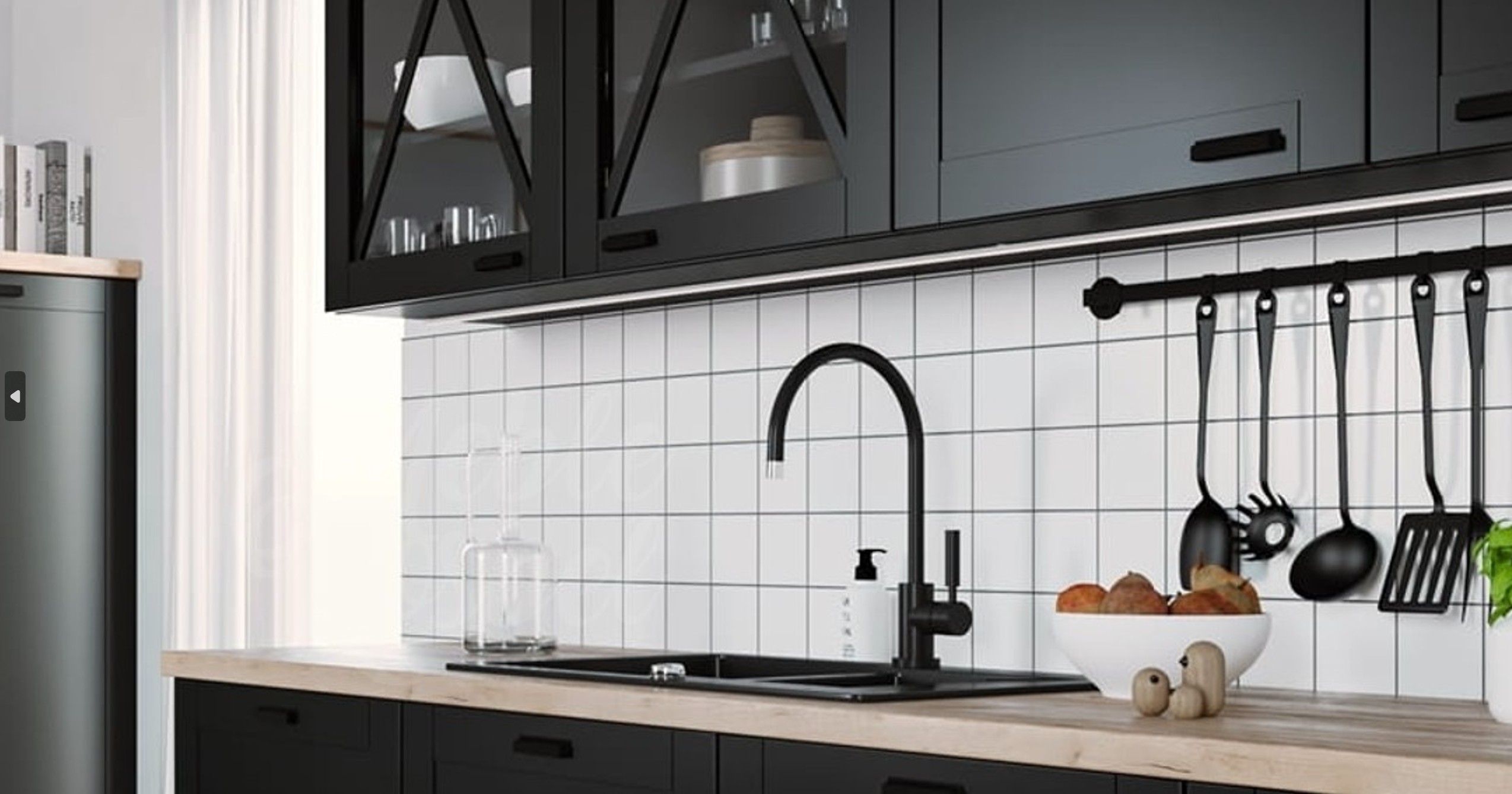 TIVOLI konyhabútor fekete - mosogató zóna és üveges felső elemek közelről