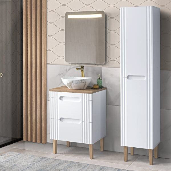 FIJI WHITE fürdőszoba bútor szett 60 cm – tálmosdóval, LED tükörrel, magas szekrénnyel (SET-FW B 60CM UN.PATI-MW3 2)