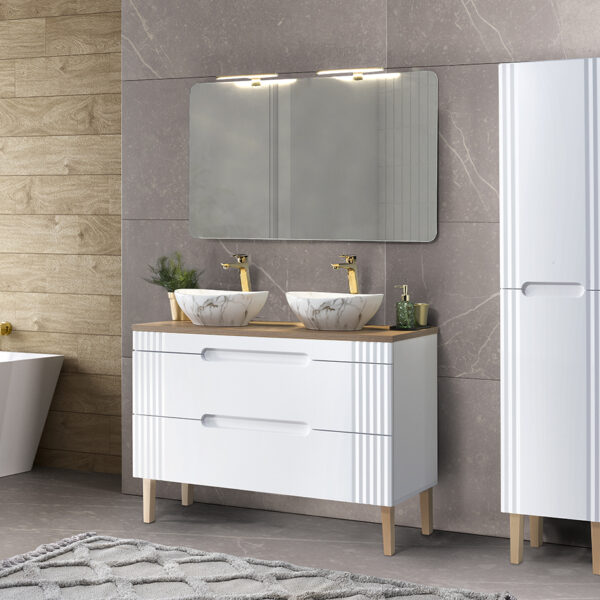 FIJI WHITE fürdőszoba bútor szett 120 cm – 2 db tálmosdóval, tükörrel, LED világítással, magas szekrénnyel (SET-FW B 120CM UN.PATI-MW3 2)