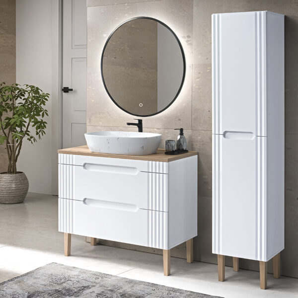 FIJI WHITE fürdőszoba bútor szett 100 cm – tálmosdóval, LED tükörrel, magas szekrénnyel (SET-FW B 100CM UN.MEGI-M13 1)