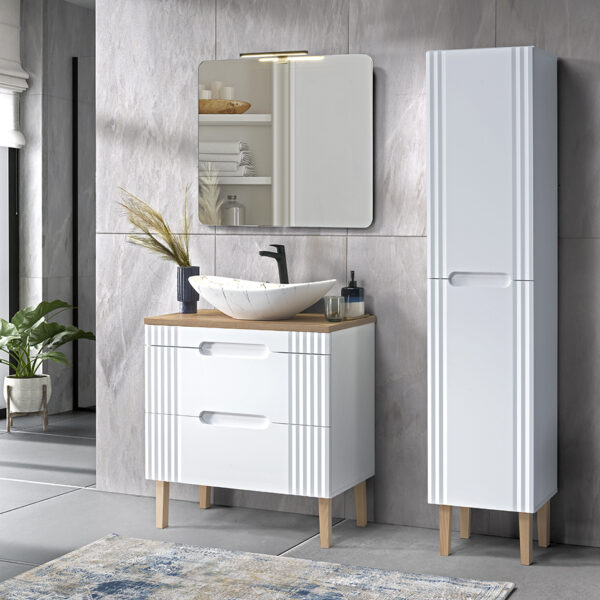 FIJI WHITE fürdőszoba bútor szett 80 cm – tálmosdóval, tükörrel, LED világítással, magas szekrénnyel (SET-FW B 80CM UN.LENA-MW17 1)