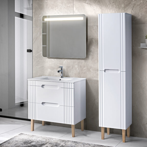 FIJI WHITE fürdőszoba bútor szett 80 cm – mosdóval, LED tükörrel, magas szekrénnyel (SET-FW LAVA 80CM 1)