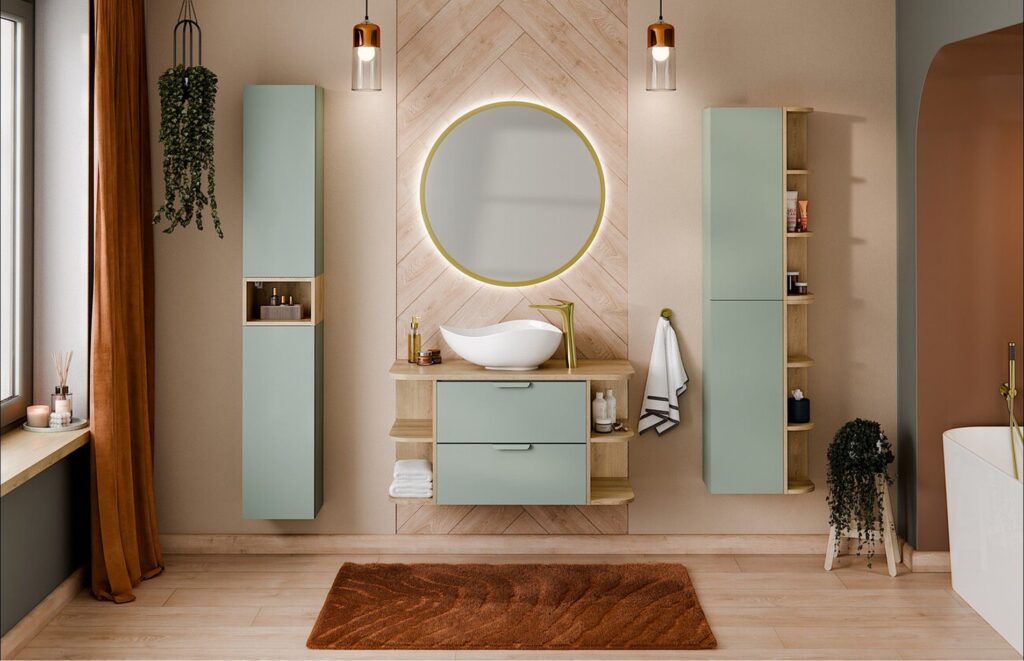 Aster Green modern fürdőszoba bútor szett mosdópulttal és kerek tükörrel