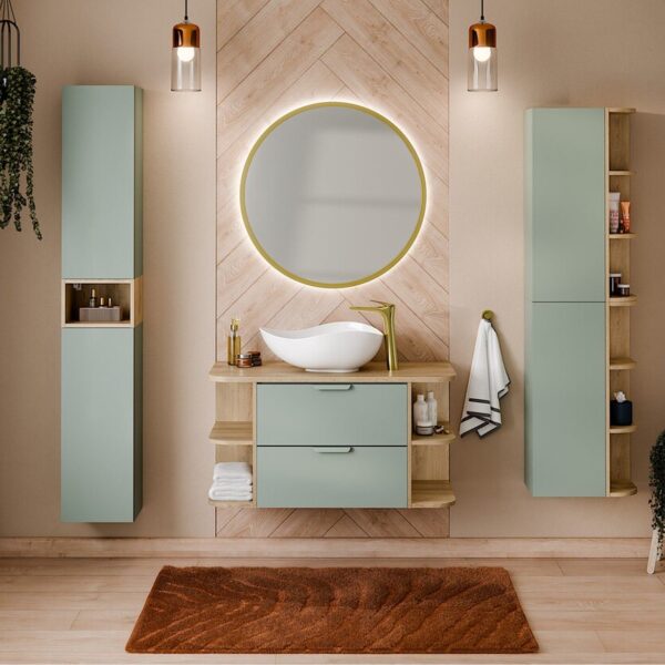 Aster Green modern fürdőszoba bútor szett mosdópulttal és kerek tükörrel