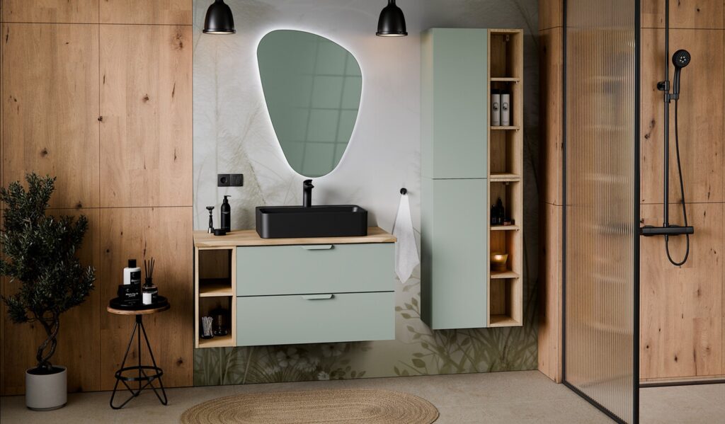 Aster Green fürdőszoba bútor fekete mosdótállal és magas szekrénnyel