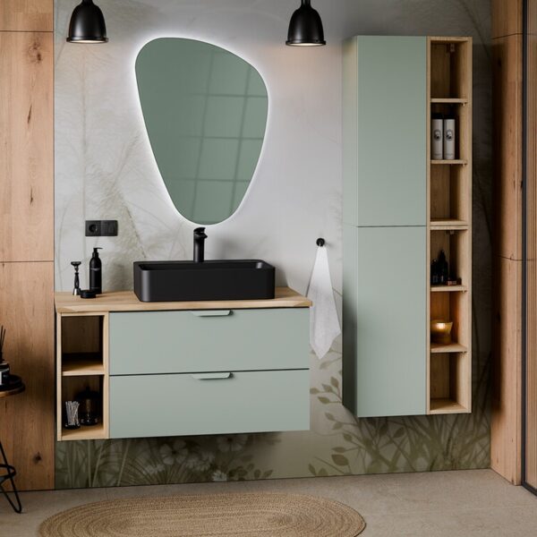 Aster Green fürdőszoba bútor fekete mosdótállal és magas szekrénnyel