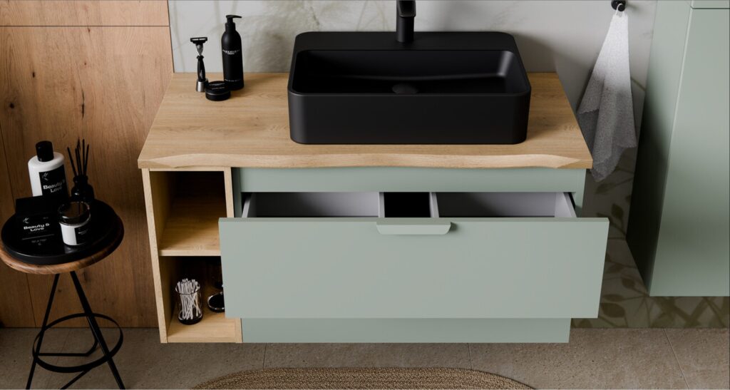 Aster Green mosdószekrény fiókja nyitva, rendezőbetéttel és fa pulttal