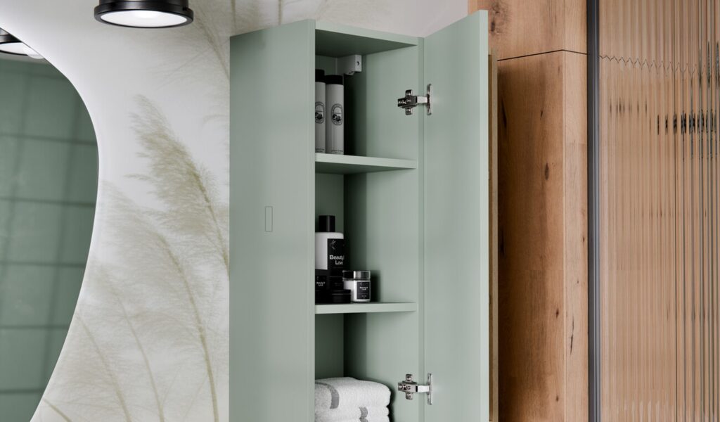 Aster Green magas fürdőszoba szekrény belső polcokkal, soft close pántokkal