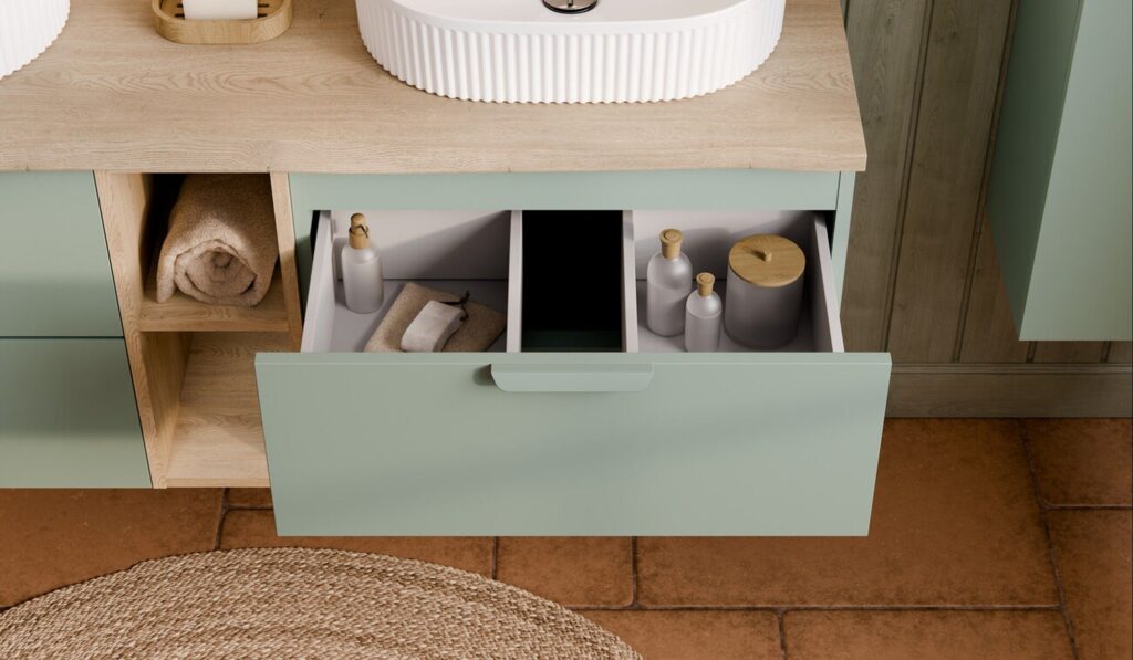 Aster Green fiók belső osztókkal – praktikus tárolás fürdőszobabútorban