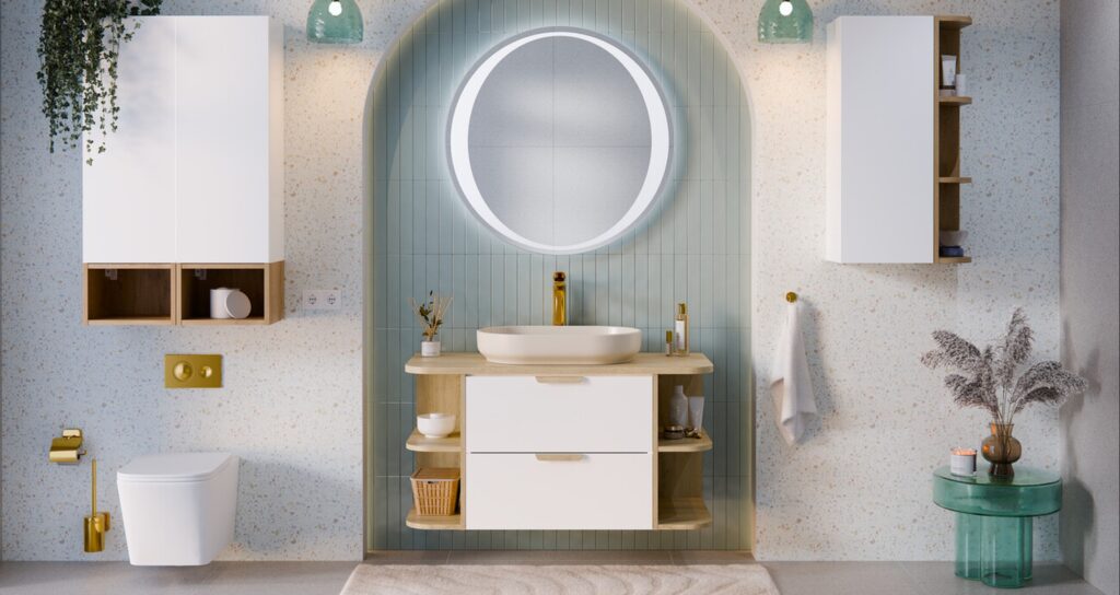 Aster White fürdőszoba bútor szett – fiókos mosdószekrény fa pulttal és kerek LED tükörrel