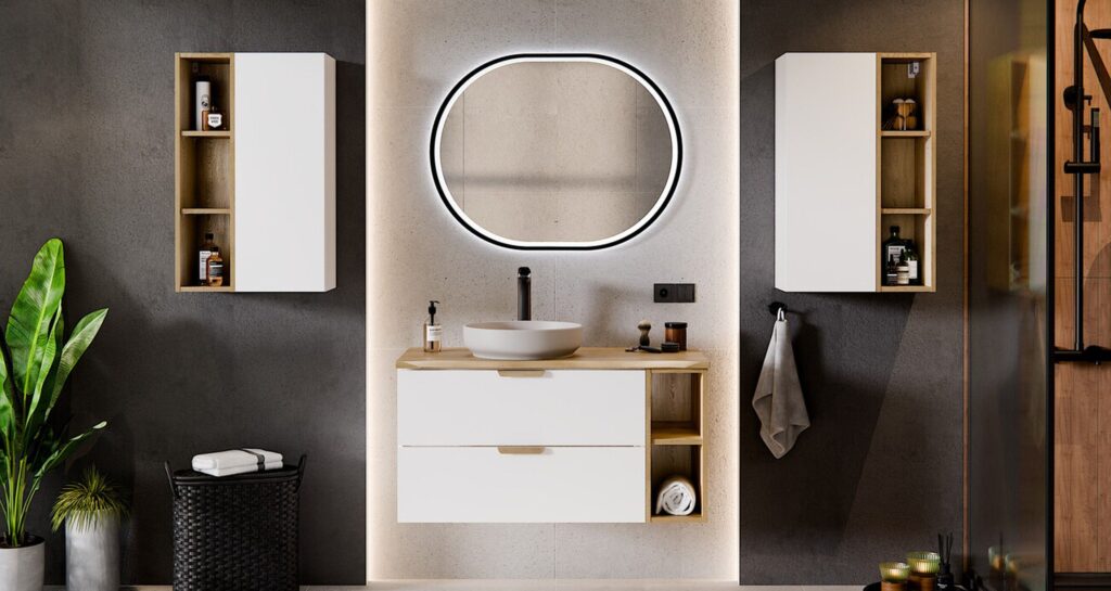 Modern fürdőszobabútor Aster White – fiókos mosdószekrény ovális LED tükörrel és fali szekrényekkel
