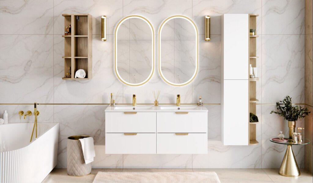 Fürdőszoba bútor szett Aster White – dupla mosdós, széles fiókos szekrény két tükörrel