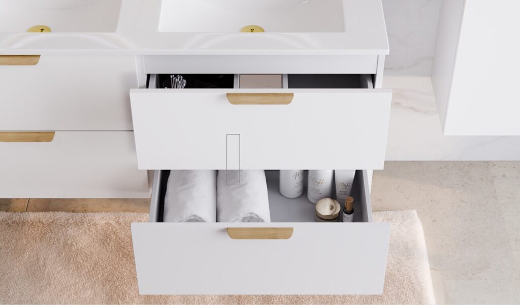 Aster White mosdószekrény tárolása – kihúzható fiókok rendezett belső térrel