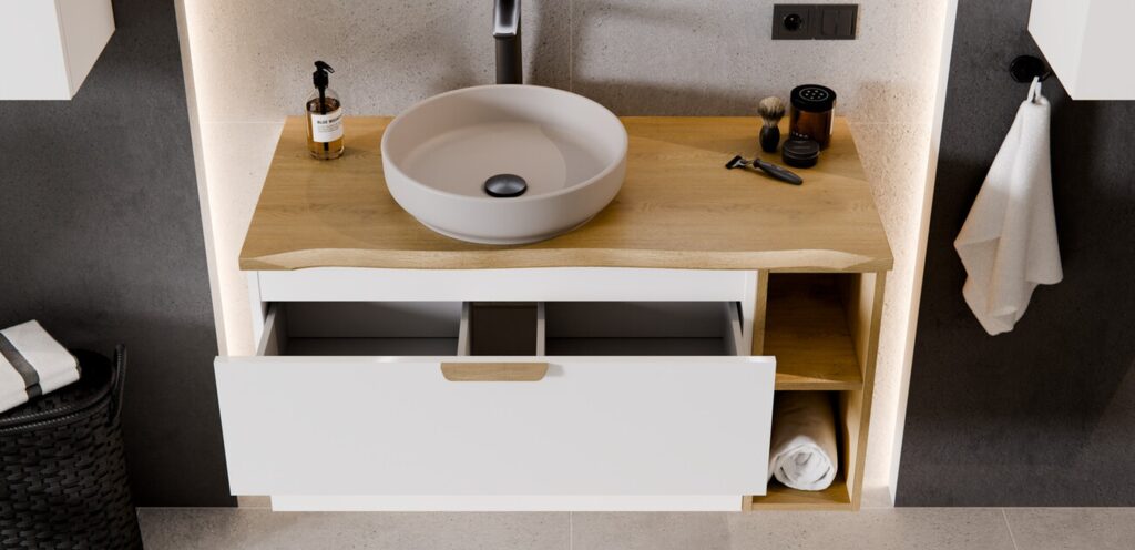 Modern fürdőszoba bútor Aster White – fa pultos mosdó, nyitott fiók és oldalsó polc