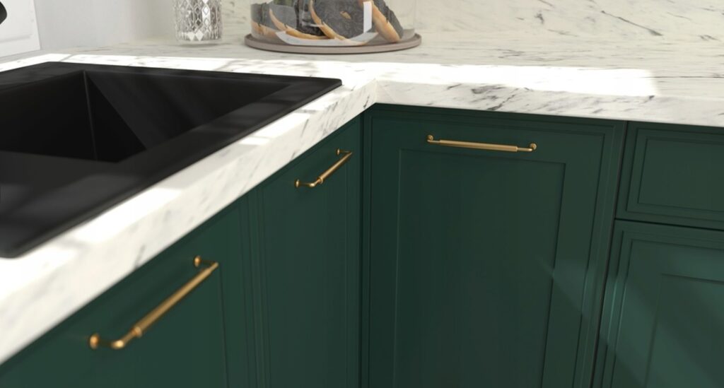 DIAMANTE elemes konyhabútor 1-ajtós FELSŐ szekrény 50cm (W6B50_HK_aventos)_elemes konyhabútor Moduláris konyhabútor sarokmegoldás – DIAMANTE matt festett front, fekete mosogató, arany fogantyúk