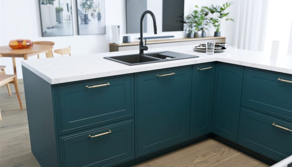 DIAMANTE elemes konyhabútor 1-ajtós FELSŐ szekrény 50cm (W6B50_HK_aventos)_elemes konyhabútor Konyhabútor sziget/pult – DIAMANTE matt festett front, fehér munkalap és fekete csaptelep