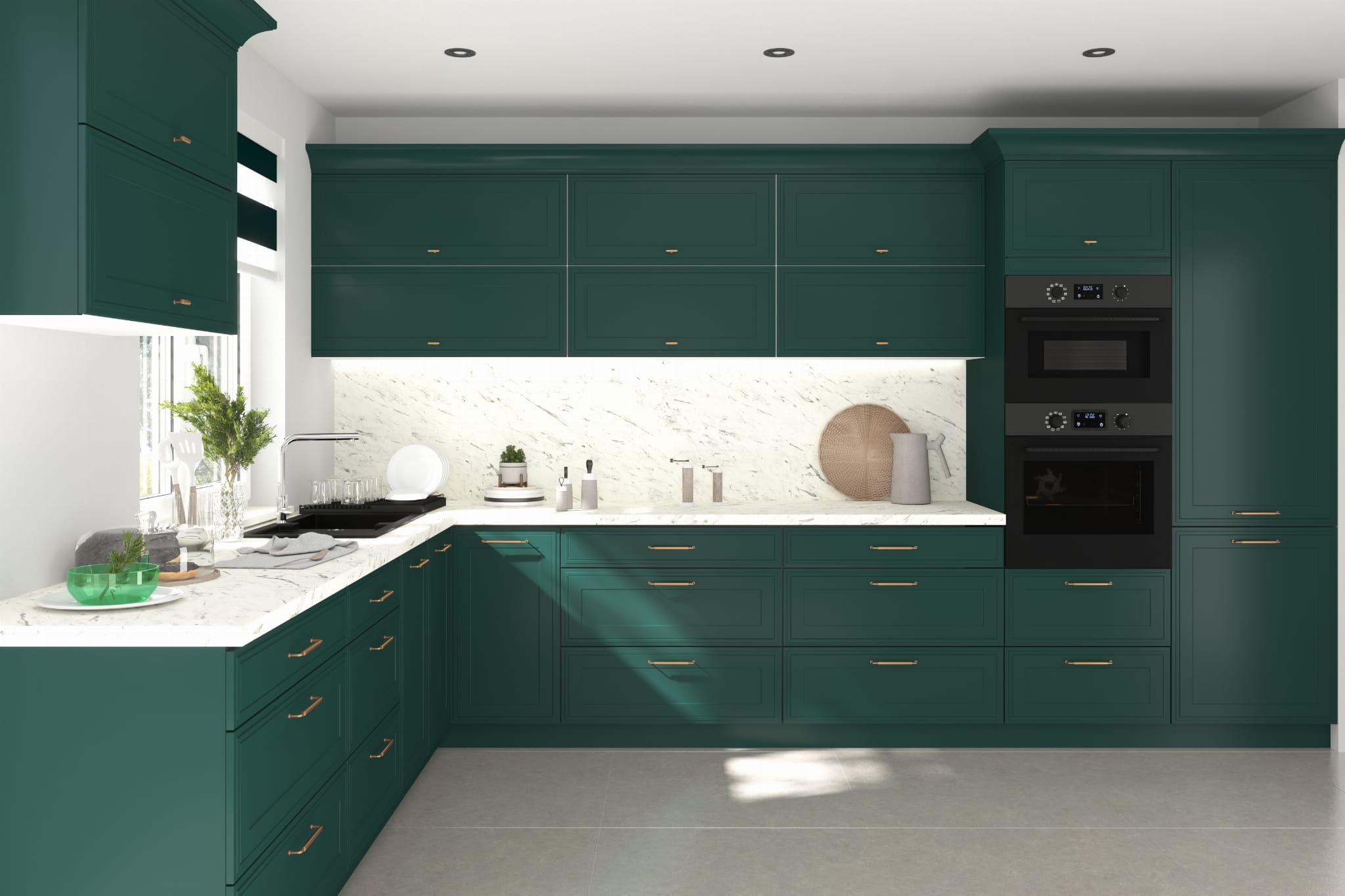 DIAMANTE elemes konyhabútor sarokelrendezés – matt festett zöld keretes frontok, arany fogantyúk, beépített sütőtorony és márványhatású pult