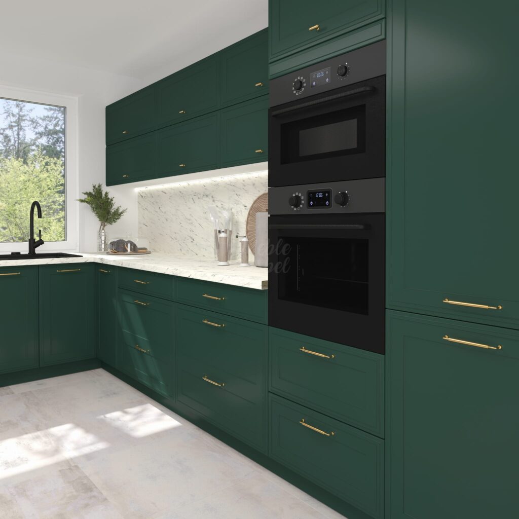 DIAMANTE elemes konyhabútor 1-ajtós FELSŐ szekrény 50cm (W6B50_HK_aventos)_elemes konyhabútor Festett frontos konyhabútor modern elrendezés – DIAMANTE matt zöld konyha magas géposzloppal