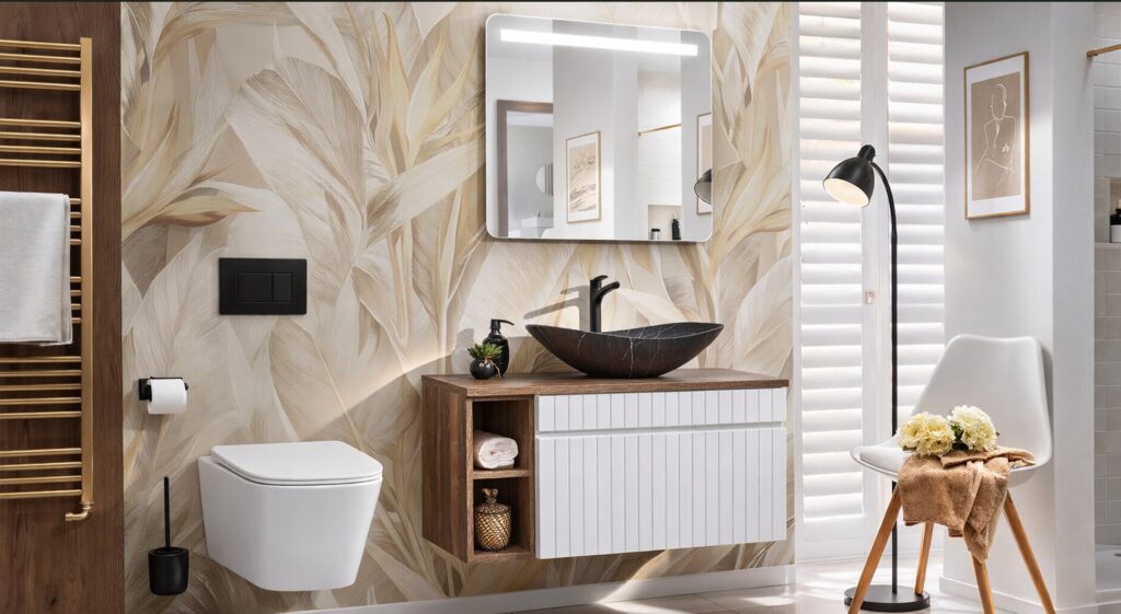 FALI WC FEKETE (E-1060A) WALL HUNG TOILET BLACK ( E-1060A ) Fehér fali WC csésze ülőkével – modern fürdőszoba enteriőrben, letisztult rimless kialakítással