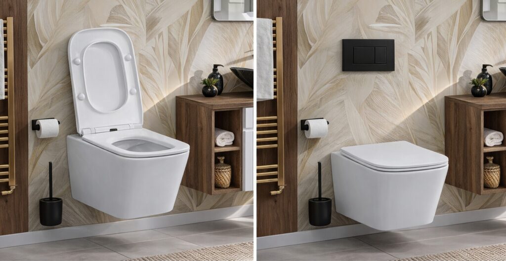 FALI WC FEKETE (E-1060A) WALL HUNG TOILET BLACK ( E-1060A ) Fali WC csésze bemutató – fehér rimless fali WC ülőkével, nyitott és zárt ülőke összehasonlítás