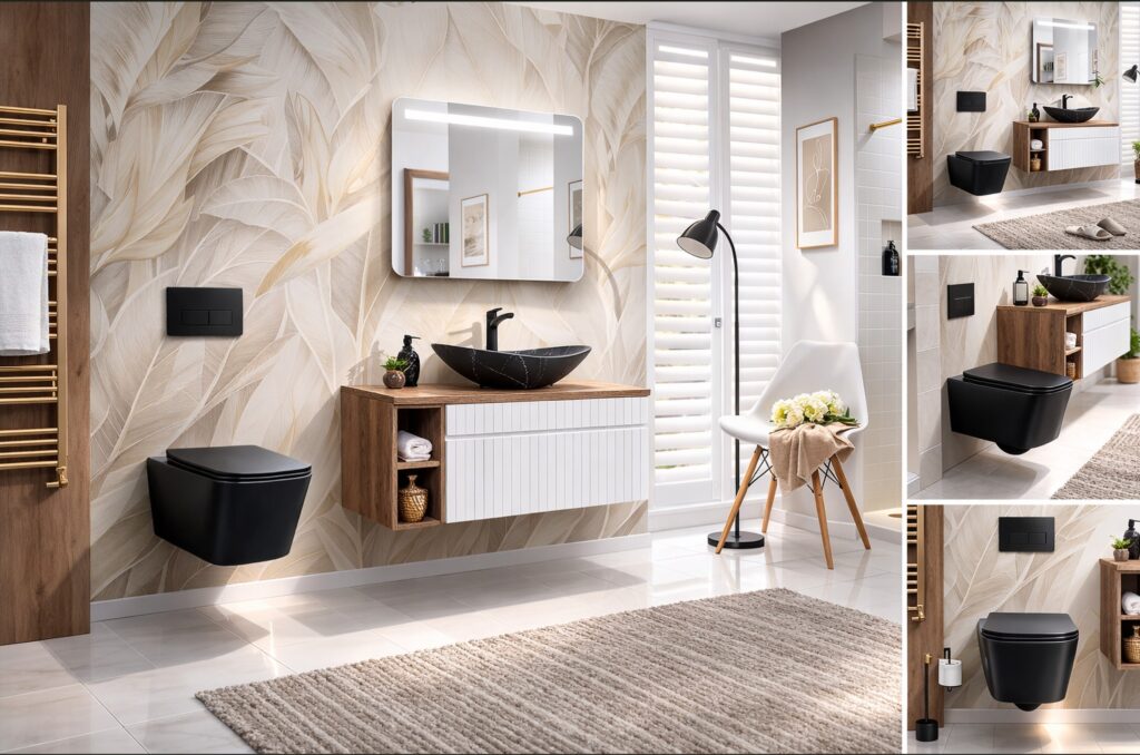 FALI WC FEKETE (E-1060A) WALL HUNG TOILET BLACK ( E-1060A ) Fekete fali WC csésze ülőkével – több nézetes bemutató, rimless perem nélküli dizájnnal