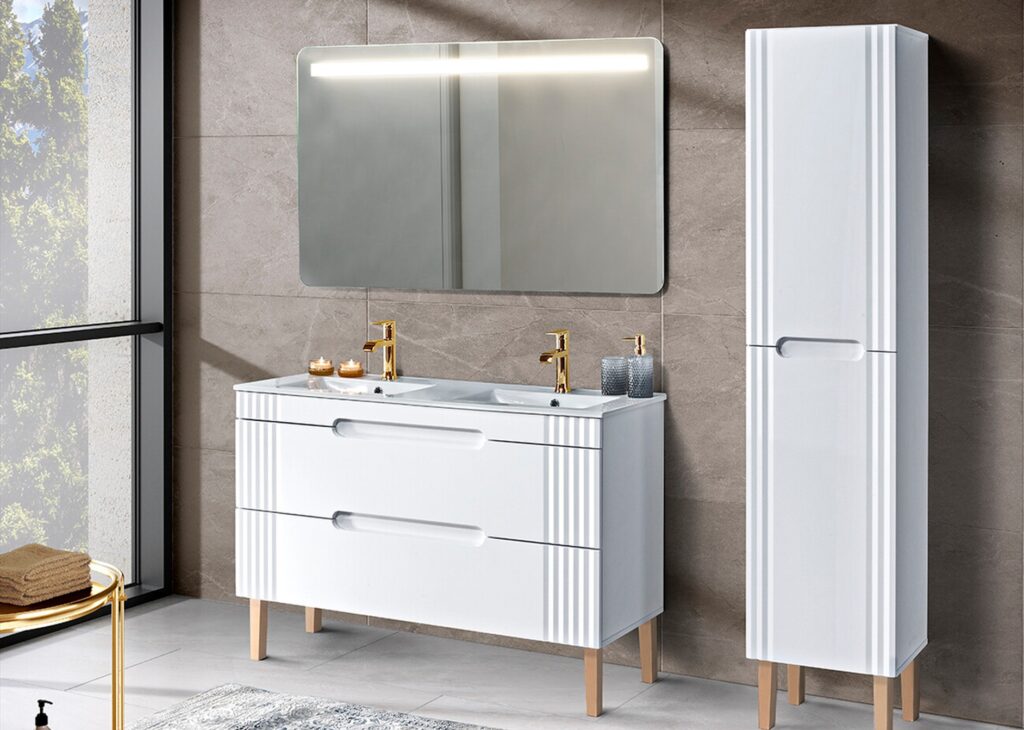 Fürdőszoba bútor szett 120 cm – FIJI WHITE dupla mosdó, tükör és magas szekrény