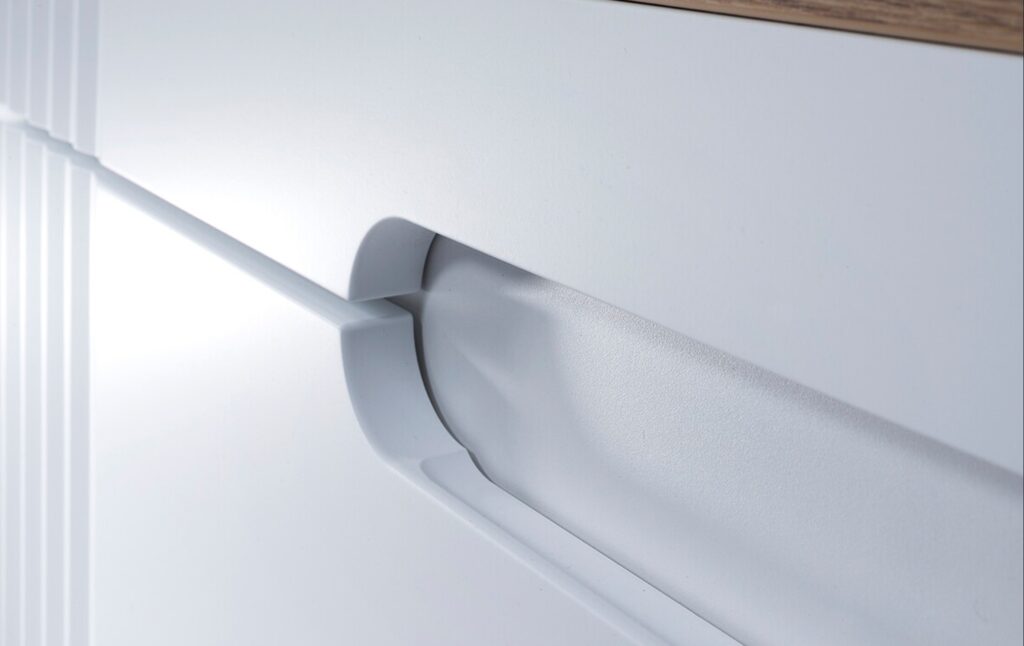 Modern fürdőszoba bútor fiókelőlap – FIJI WHITE bemart fogantyú közeli